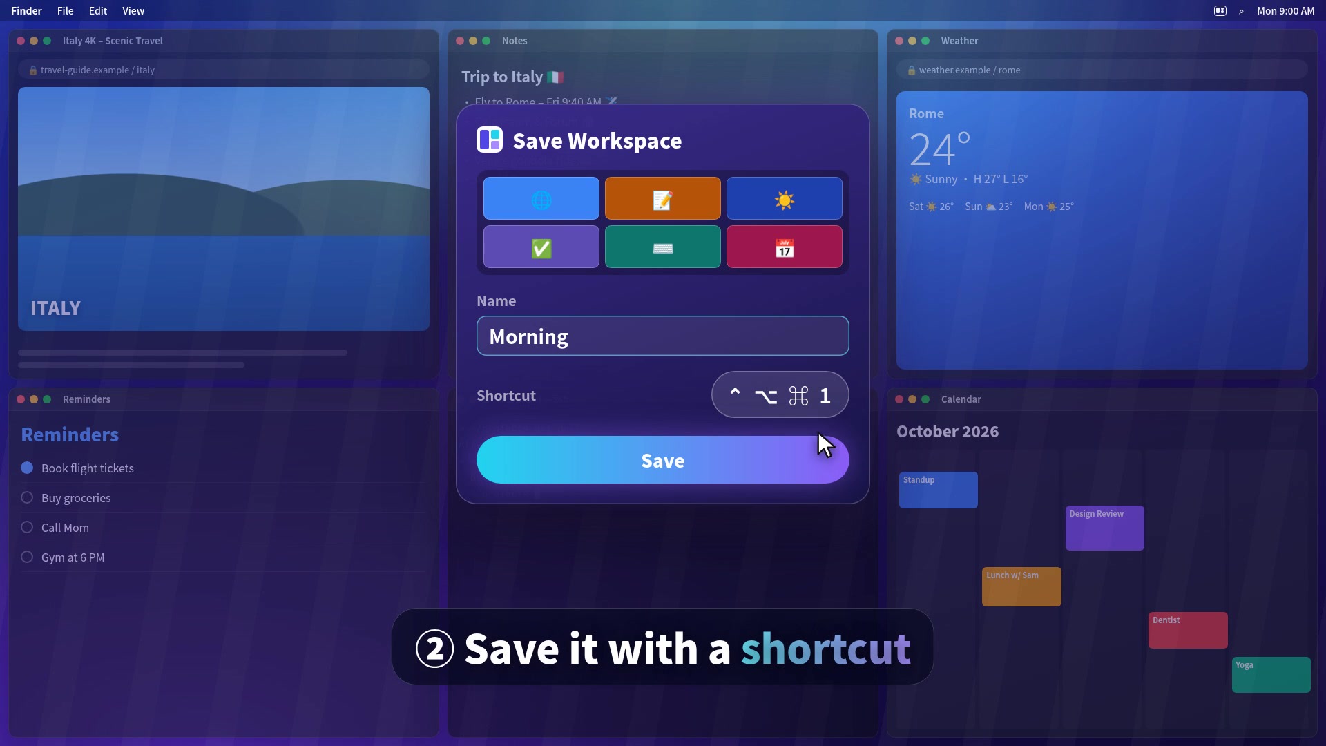 Saving a TidyFrame workspace named Morning with the shortcut Control Option Command 1
